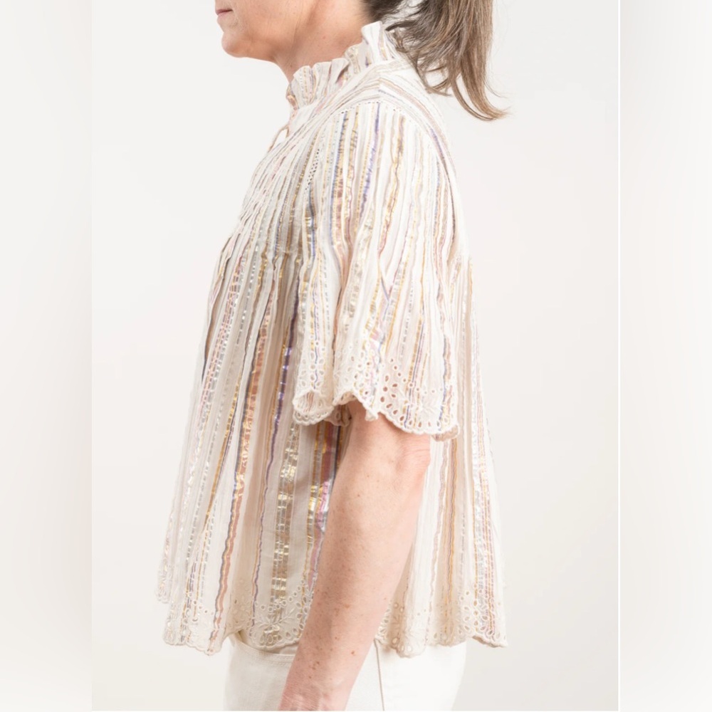 Sea New York Size 12 • Harriet Pintucked White Metallic Stripe Eyelet Blouse Top - Picture 2 of 6